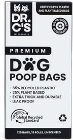 Certified 65% PCR (Post Consumer Recycled) Plastic and 35% Plant Based Dog Poop Bags - Dr. C's ONE OF A KIND Dog Poop Bags - 120 Bags / 8 Rolls, NO NEW PLASTICS USED, Unscented, Earth Friendly