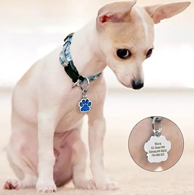 Cute Personalized Pet Name Tags for Cats/Dogs - Glitter Custom pet id tag, Dog id Tags Engraved for Pets, cat tag, pet Collar Charms, Dog Name tag (Paw-Shaped-Small: Silver)