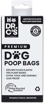 Certified 65% PCR (Post Consumer Recycled) Plastic and 35% Plant Based Dog Poop Bags - Dr. C's ONE OF A KIND Dog Poop Bags - 120 Bags / 8 Rolls, NO NEW PLASTICS USED, Unscented, Earth Friendly