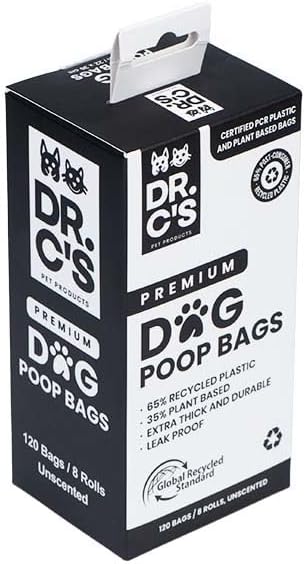 Certified 65% PCR (Post Consumer Recycled) Plastic and 35% Plant Based Dog Poop Bags - Dr. C's ONE OF A KIND Dog Poop Bags - 120 Bags / 8 Rolls, NO NEW PLASTICS USED, Unscented, Earth Friendly