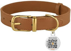 BRONZEDOG Leather Dog Collar with QR ID Tag Basic Pet Collars for Small Mini Dogs Cats Puppies (7-9 Inch (Pack of 1), Light Brown & Gold Buckle)