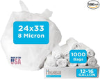 16 Gallon Trash Bags - 8 micron, 1000 Per Case, 24" x 33", 20 Rolls of 50, High Density Clear Trash Can Liners, Ideal for Small Wastebaskets in Office, and Bathroom Use