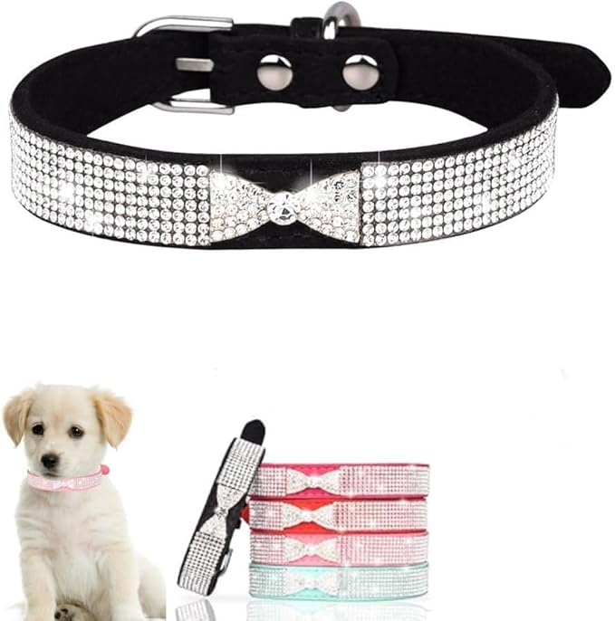 Serijoars Small Dog Collar with Rhinestone Crystal Diamond Colorful Bling Girl Puppy Cat Collars (L, Black3)