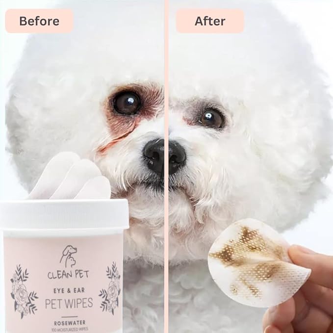 Veterinary Eye & Ear Wipes for Dogs & Cats - Removes Tear Stains & Infection Treatment - Hypoallergenic Rosewater - 100 Count