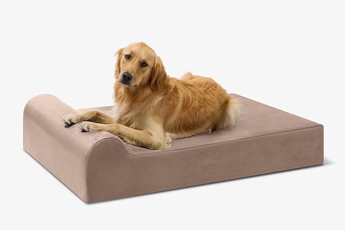 Barker Beds Large Orthopedic Dog Bed for Large Dogs - 7" Thick Comfortable Memory Foam Mattress with Washable Microsuede Cover - Durable XL Pet Bed with Headrest - Made in USA (Khaki)