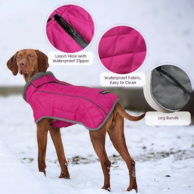 Fragralley Dog Coat Large, Waterproof Dog Jacket with Warm Fleece Lining, Adjustable Reflective Dogs Winter Coat, Turtleneck Pet Coats for Cold Weather (Rose Pink L)