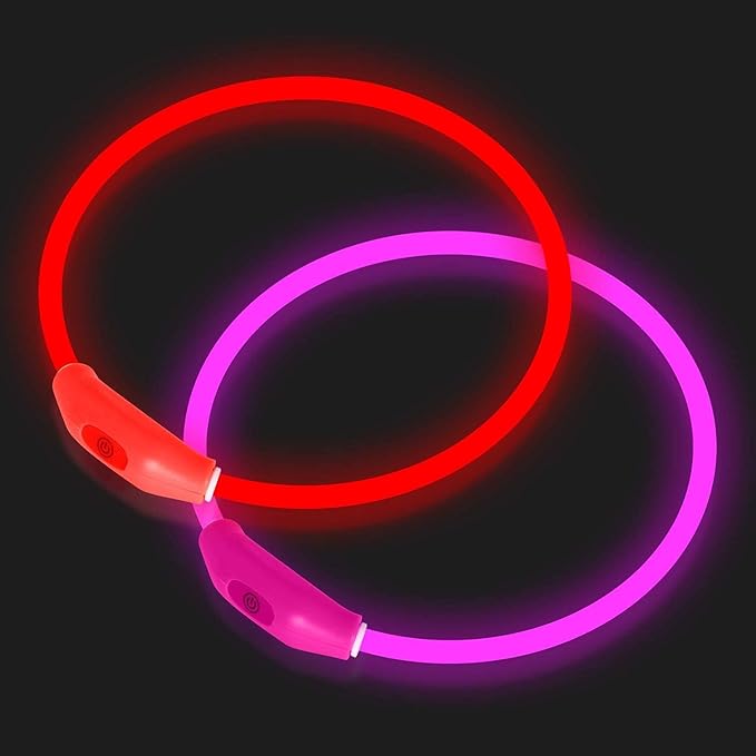 2-Pack LED Dog Collar, Light Up Dog Collars,Rechargeable Dog Lights for Night Walking，Universal, Reusable Safety Necklace for Small Medium Large Dogs RED&Pink