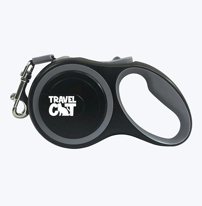 Travel Cat Retractable Expandable Leash - Black 10 Ft Long Strong Tape, Release/Lock Button and Anti-Slip Handle for Small to Large Cats - Light Pet Leash for Walking, Training