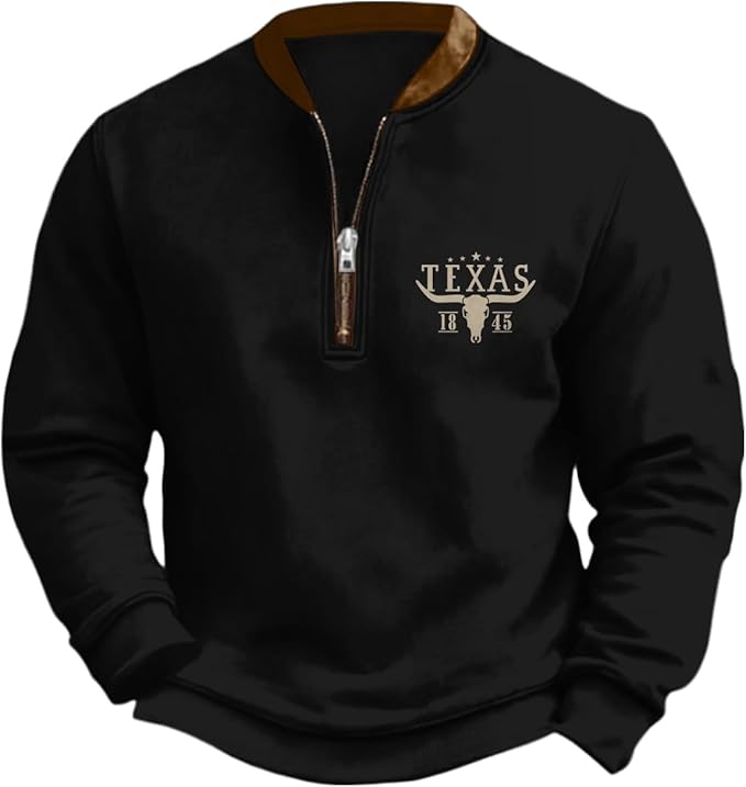 HOTYD Aztec Cowboy Jacket Men Vintage Bullhorn Printed Oversized Western Sweatshirt Long Sleeve Quarter Zip Pullover