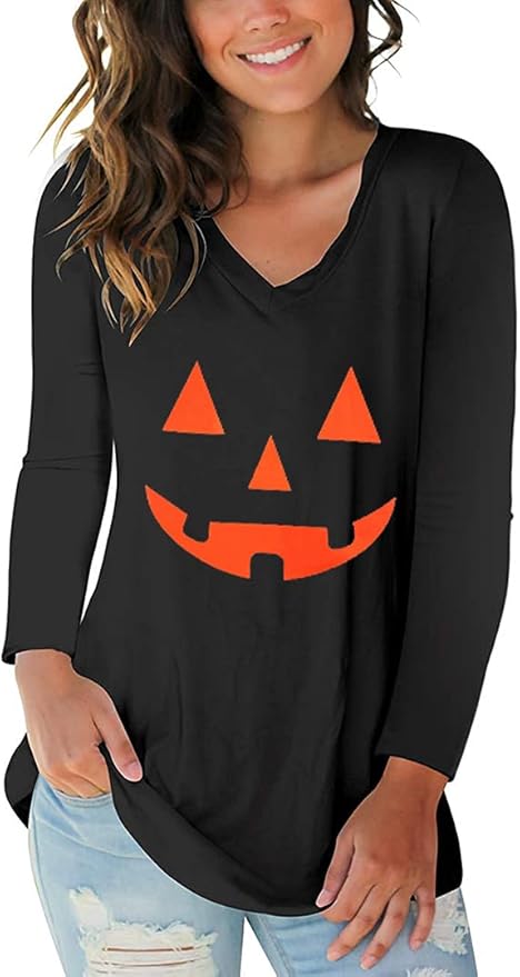 Tobrief Women's Long Sleeve V-Neck Shirts Fall Graphic Tees Loose Casual T-Shirt