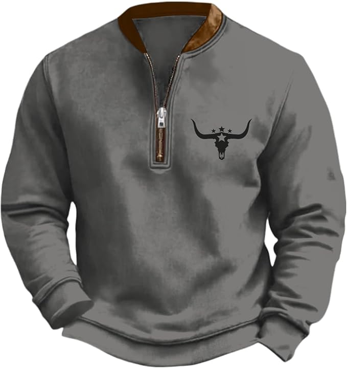 HOTYD Aztec Cowboy Jacket Men Vintage Bullhorn Printed Oversized Western Sweatshirt Long Sleeve Quarter Zip Pullover