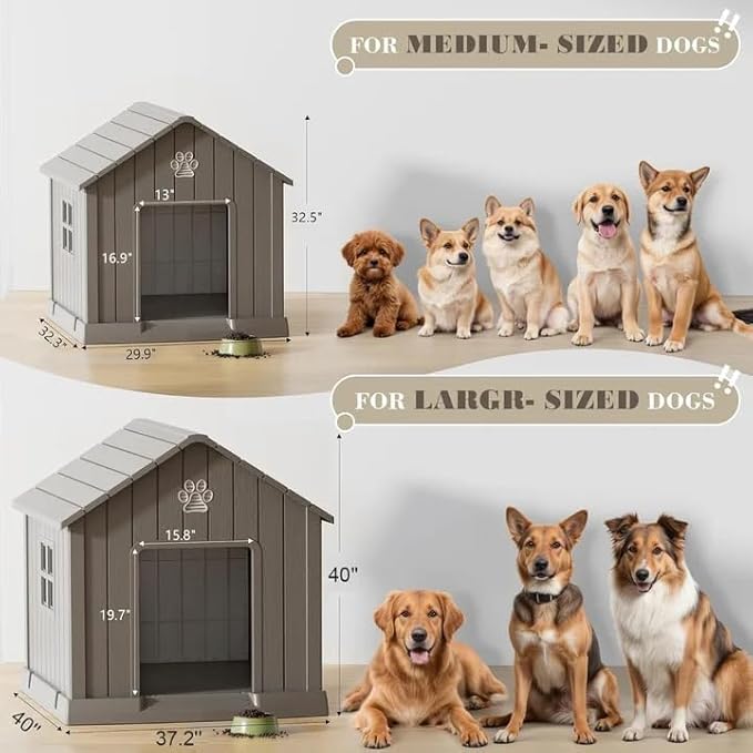 Dog House for Outdoor & Indoor Use with Window, Waterproof Ventilated Kennel with Elevated Floor, Easy to Clean Shelter for Small Medium Large Dogs (Grey, 37.2" L x 40" W x 40" H)