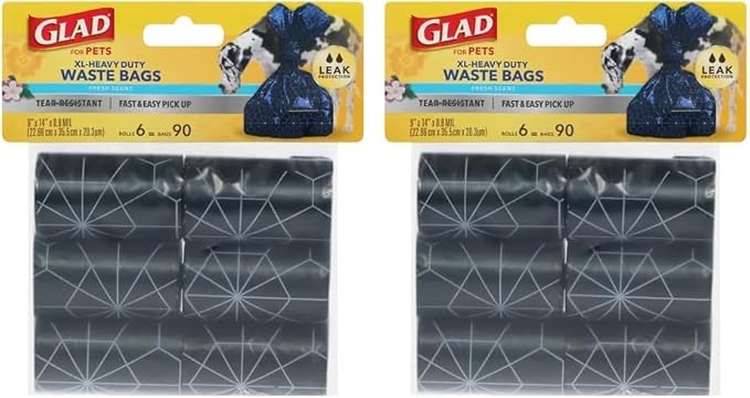 Glad for Pets Extra Large, Heavy Duty Scented Dog Waste Bags Refill Rolls, Fresh Scent | Tear Resistant Doggie Poop Bags for Dogs, 6 rolls, Total 90 Count (Pack of 2)