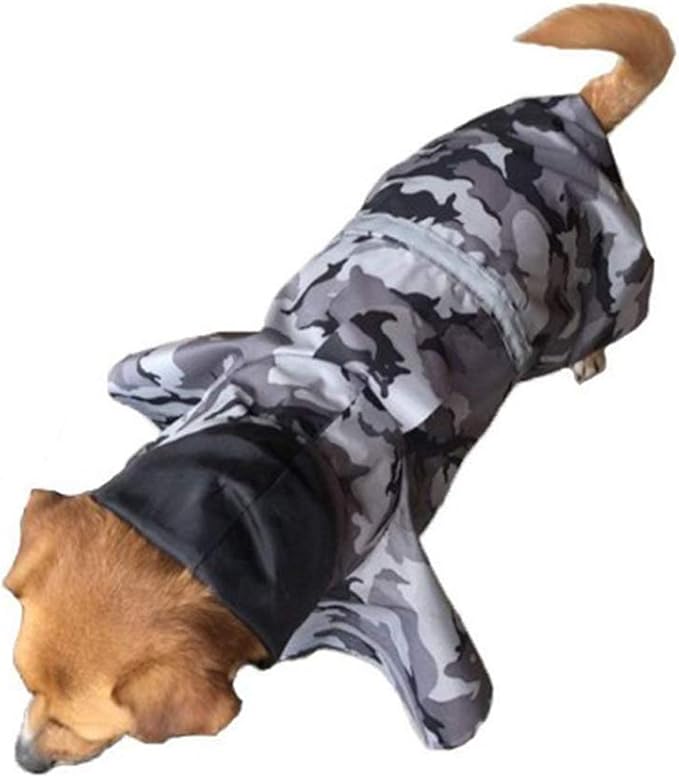 Mikayoo Large Dog Camouflage Raincoat Ajustable Pet Waterproof Clothes Lightweight Rain Jacket Poncho Hoodies with Strip Reflective(Gray XL)