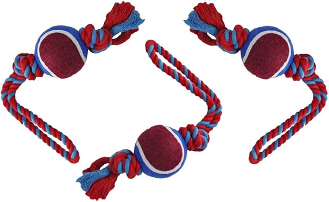 Dog Rope Toy with Tennis Ball, Nylon Rope with Balls, Fun Tug of War Toy for Dogs, Tough Dog Toy for Aggressive Chewers, Eskimo, Terrier, Beagle & More (3 Set Rope Dog Toy Red Ball)
