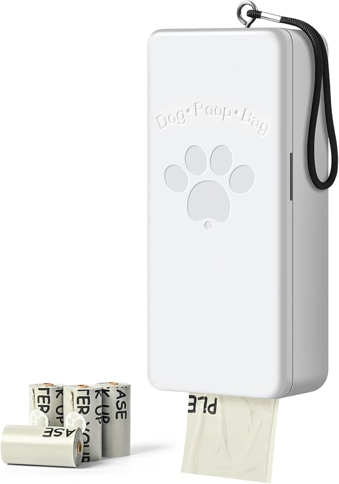 Dog Poop Bag Dispenser, Wall-Mounted Dog Bag Dispenser Outdoor or Indoor for Doggy and Pets, White Poop Holder for Yard and Park, Included 4 Rolls (60 Bags)