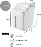 HANAMYA 15 Liter / 30 lbs Rice Storage Container with Measuring Cup, BPA free, For Rice | Grain | Pet Food | Flour, 1 count, White & Gray