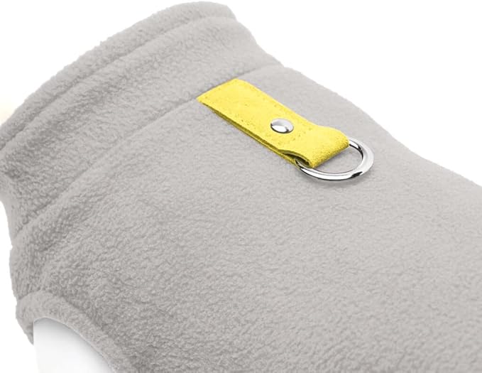 Gooby Fleece Vest Dog Sweater - Gray/Yellow, Medium - Warm Pullover Fleece Dog Jacket with O-Ring Leash for Small to Medium Dogs