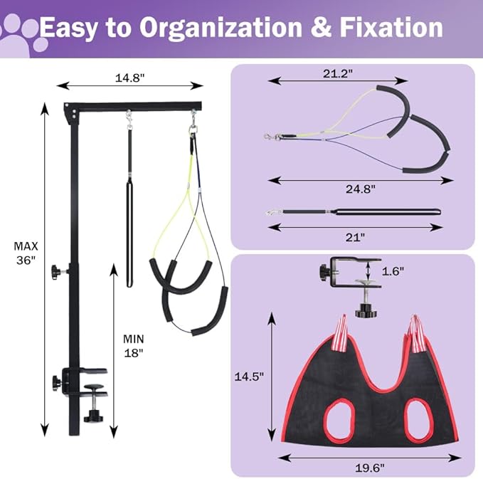 Dog Grooming Arm with Clamp, Heavy Duty Pet Grooming Table Arm with Grooming Hammock, Loop Noose & Two No-Sit Haunch Holder, 36" Height Adjustable for Medium & Small Pets, Black