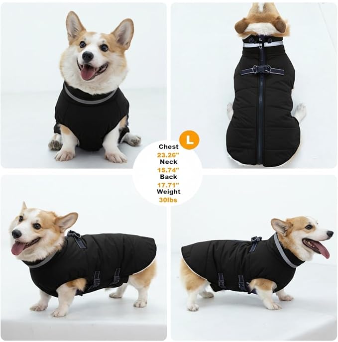 Small Dog Coat with Harness Built-in, Waterproof Reflective Fleece Lined - Warm Windproof Winter Jacket with Back Zipper, Cold Weather Snow Dog Coats - Black - S