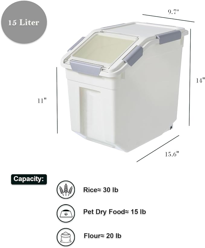 HANAMYA 15 Liter / 30 lbs Rice Storage Container with Measuring Cup, BPA free, For Rice | Grain | Pet Food | Flour, 2 count, White