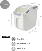 HANAMYA 15 Liter / 30 lbs Rice Storage Container with Measuring Cup, BPA free, For Rice | Grain | Pet Food | Flour, 2 count, White