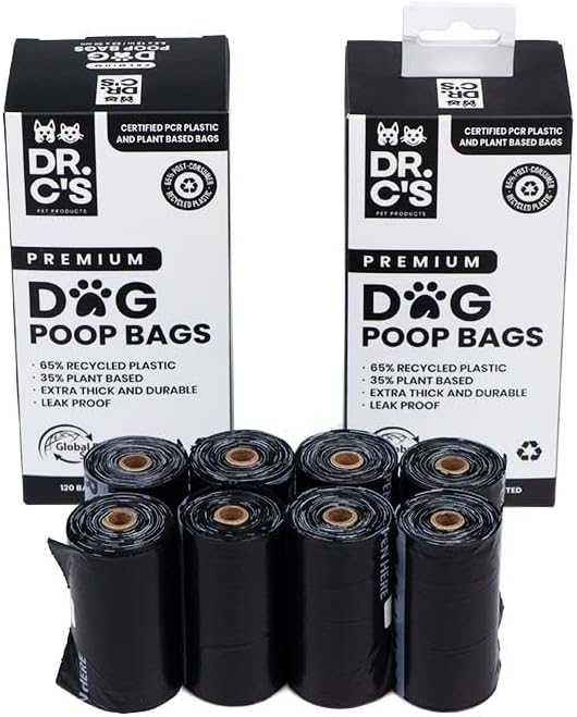 Certified 65% PCR (Post Consumer Recycled) Plastic and 35% Plant Based Dog Poop Bags - Dr. C's ONE OF A KIND Dog Poop Bags - 120 Bags / 8 Rolls, NO NEW PLASTICS USED, Unscented, Earth Friendly