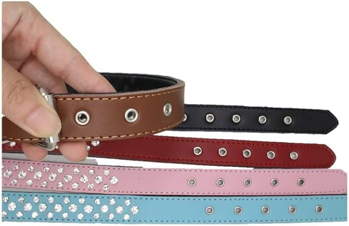 Rhinestones Dog Collar, Adjustable Sparkly Crystal Studded Genuine Leather Pet Dog Collar for Small and Medium Dogs (S, Red)