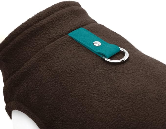 Gooby Fleece Vest Sweater - Brown-Turquoise, Large - Warm Pullover Jacket with O-Ring Leash - Winter Small Dog Coat - Cold Weather Clothes for Small Dogs Boy or Girl