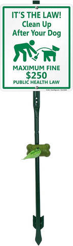 SmartSign It’s Law Clean Up After Your Dog Maximum Fine $250 Yard Sign & Clip-On Plastic Dispenser Combo/Kit, 10"x12" Aluminum Sign with 3ft Stake, Compact Dispenser Preloaded with a 15 Poop Bags Roll