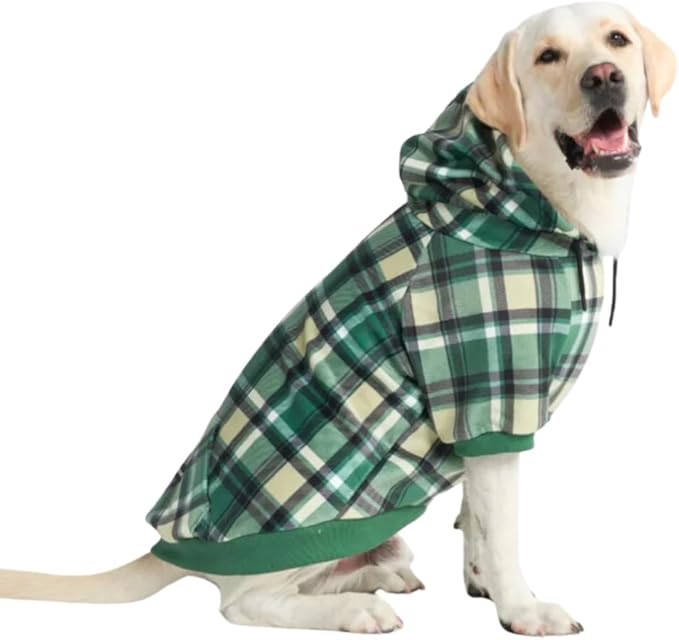 Spark Paws Dog Hoodie – Premium Dog Sweater for Small, Medium, and Large Dogs | Warm Outfits for French Bulldogs, Pitbull, Puppy, Winter Jacket Alternative - Green Plaid - 5XL