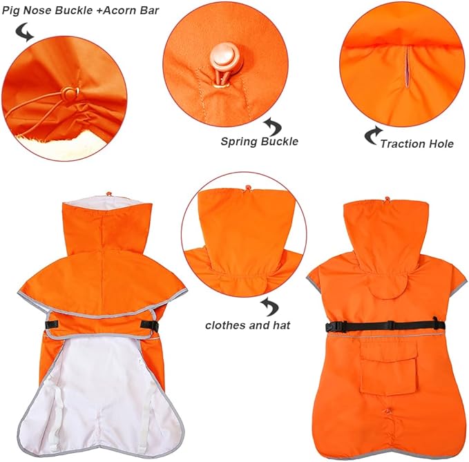 Reflective Dog Raincoat Waterproof Adjustable Dog Hooded Poncho Raincoat for Medium Large Dogs, Lightweight Pet Rain Jacket (Orange, L)