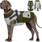 FUAMEY Dog Winter Jackets for Large Dogs,Dog Coat with Harness Built in,Waterproof Dogs Snowsuits Warm Pet Jacket Zip Up Fleece Cold Weather Coats Reflective Puppy Vest with Pocket Green 3XL