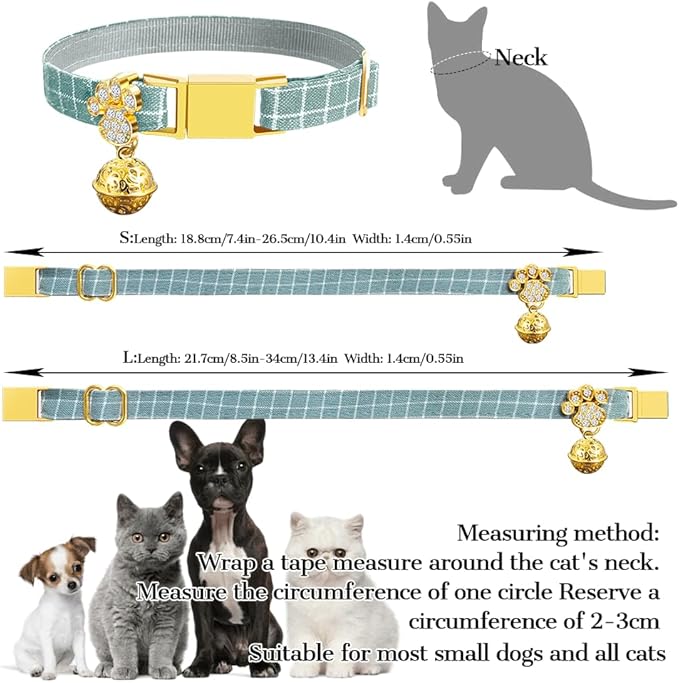 Personalized Breakaway Cat Collars - Magnetic Buckle, Bell - Safety Quick Release, Customized for Girls & Boys Cats- (Checkered-Cyan)