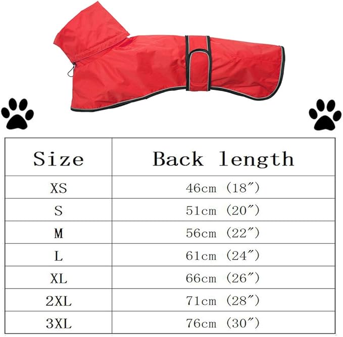 Dog Raincoat with Reflective Bar, Rain/Water Resistant, Adjustable Vest - Dog Raincoats for Greyhounds, Lurchers and Whippets - Red - M