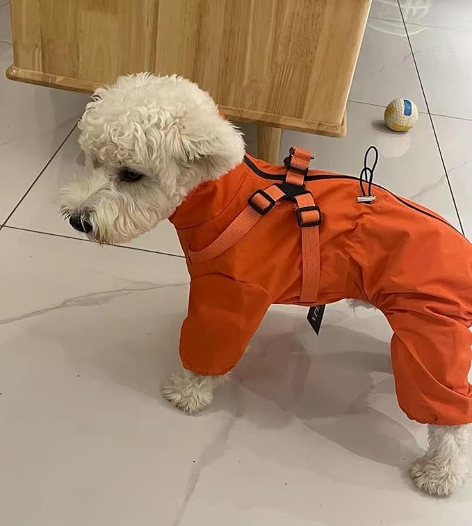 Mile High Life Waterproof Dog Raincoat, Full Coverage Small Dog Rain Coat with Harness, Adjustable 4 Legs Puppy Rain Jacket with Reflective Strip and Elastic Cuffs (Orange, XS Back Length 11.4")