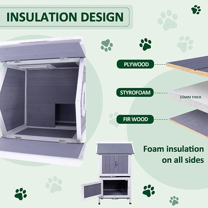GEGURI Outdoor Cat House Winter-Proof, Two-Story Insulated Cat Shelter for Feral Cats with Thermal Layer, Removable Roof, Balcony & Escape Door, Weatherproof & Warm Shelter for Cats