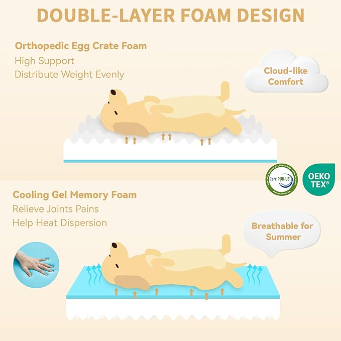 Orthopedic XXL Dog Beds, Waterproof Memory Foam Big Pet Bed for Extra Large Sized Dogs 53x42Inch, Non-Slip Bottom and Egg-Crate Foam Dog Couch Bed with Washable Removable Cover, Light Grey