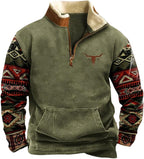 HOTYD Western Jackets for Men Cowboy Sweatshirts Vintage Ethnic Graphic Casual Long Sleeve Top 1/4 Zip Pullover Hoodies
