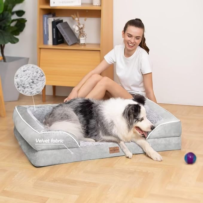 Comfort Expression Orthopedic Dog Bed for Large Dogs 36x27 Inch, Waterproof Supportive Memory Foam Large Pet Bed with Removable Bolsters, Dog Couch with Washable Cover & Non-Slip Bottom, Light Grey