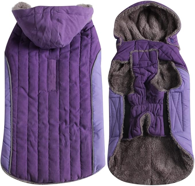 Fleece Dog Hoodie for Medium Dogs Super Warm Doggie Jacket for Cold Winter Dog Coats,Purple L