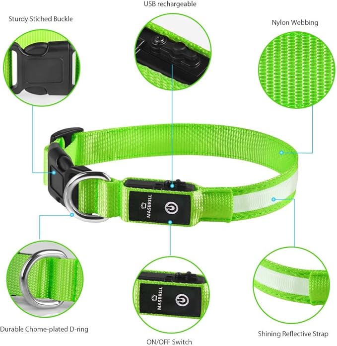 MASBRILL LED Dog Collar,Light Up Dog Collars Rechargeable Lighted Dog Collar Glowing Dog Night Walking Collar 4 Colors for Choice