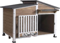 GUTINNEEN Dog House Outdoor Dog Kennel with Chew-Proof Metal Frame, Rotating Food Bowl, PVC Door Curtain, Weatherproof for Small Medium Dogs, 39.7" L x 25.5" D x 32.2" H (Light Brown)