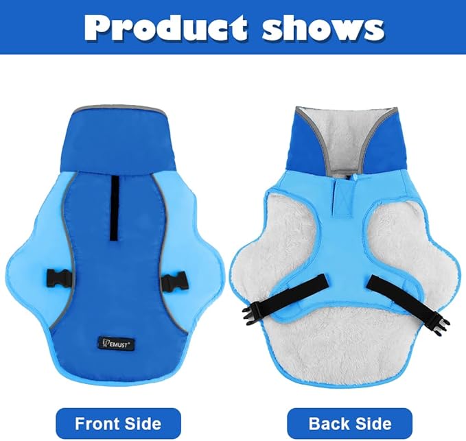EMUST Dog Coat for Winter, Cozy Winter Jackets for Small/Medium/Large Dogs, Solid Color Dog Apparel for Cold Weather with Fleece Lining, New Blue, XXXL