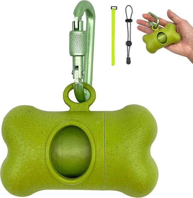 Bone-Shaped Dog Poop Bag Holder for Leash |Dispenser with 15 Leak-Resistant Waste Bags & Carabiner Clip(Green)