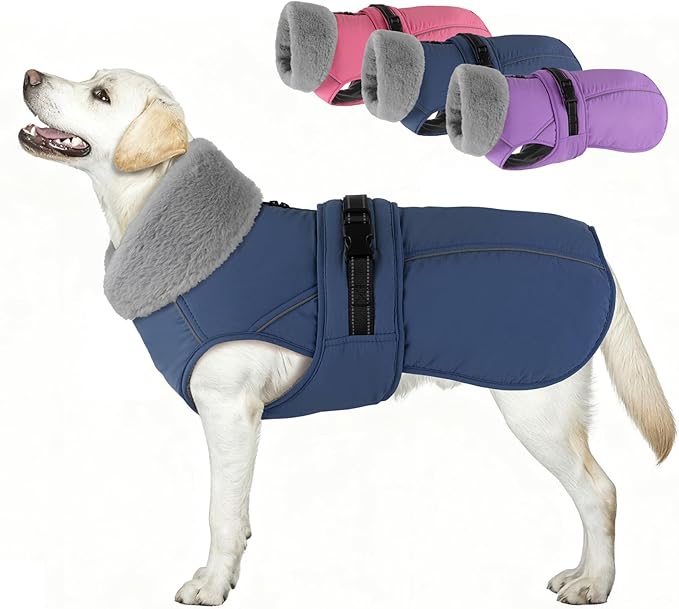 PETDSH Dog Coat Large, Windproof Dog Jacket with Warm Fleece Lining, Thickened Collar Dogs Winter Coat, Adjustable Reflective Pet Coats for Cold Weather (Navy Blue, XXX-Large)