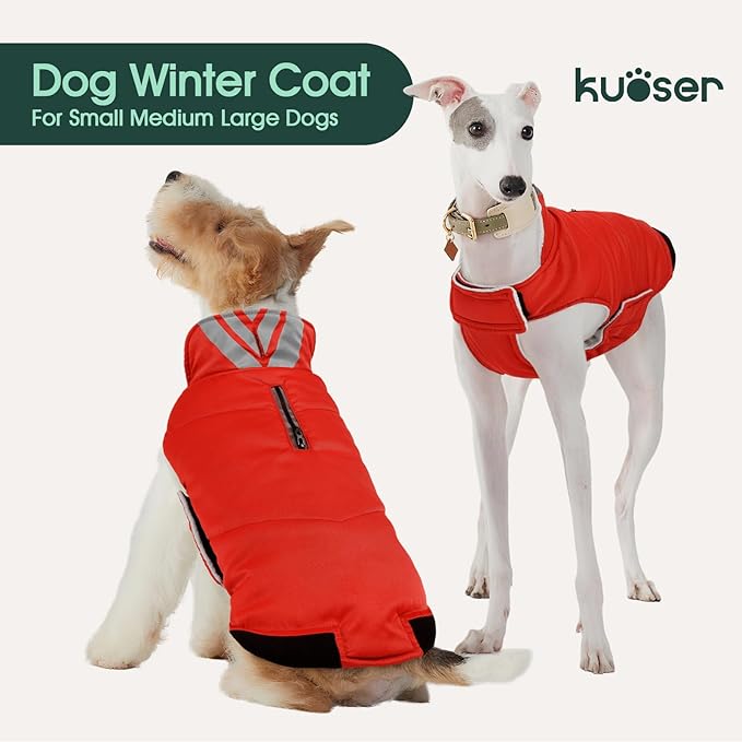 Kuoser Dog Coat Large, Cold Weather Reflective Waterproof Dogs Jacket with Warm Fleece Lining, Turtleneck Dog Winter Coat with Zipper, Doggy Snow Jacket Pet Coats for Small Medium Large Dogs, Red 2XL