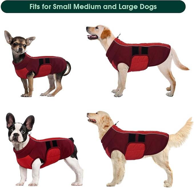 Kuoser Dog Jacket, Winter Dog Coats for Medium Dogs, Reflective Doggie Cold Weather Coats Pet Clothes, Puppy Snow Jacket for Frech Bulldog, Boston Terrier, Red L