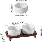 3.6cups Raised Double Cat Bowls Set with Acacia Wood Stand, Wide Whisker Friendly Ceramic Food & Water Bowls for Cats, Puppy, Kitty, Pet Bowl(Double Bowls+Stand, Arctic White)