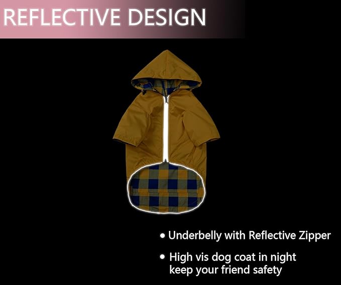 Dog Raincoat Dogs Waterproof Reversible rain Jacket Dog Small Medium Breeds Reflective Zipper Storage Pocket Harness Hole - Yellow - M